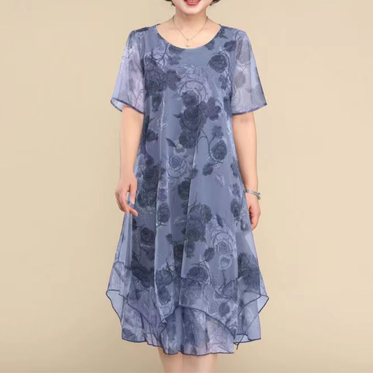 ❤️ Din garderobefavoritt ❤️ Dame blomstrete chiffonkjole med asymmetrisk lagdelt design
