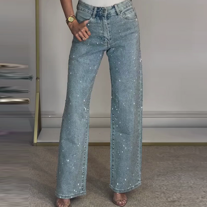 💫 Rhinestone-jeans med rett ben | Mikro-stretchstoff med høy midje og slank passform