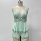 🎉Hot Sale💕Blondekantet V-hals camisole og shorts nattøysett