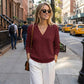 Women's Casual Long Sleeve V-Neck Waffle Knit Top