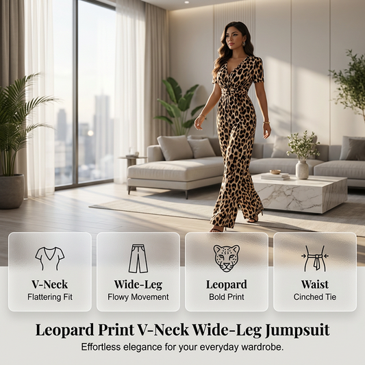 Leopardmønstret V-hals jumpsuit med vide ben