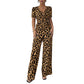 Leopardmønstret V-hals jumpsuit med vide ben