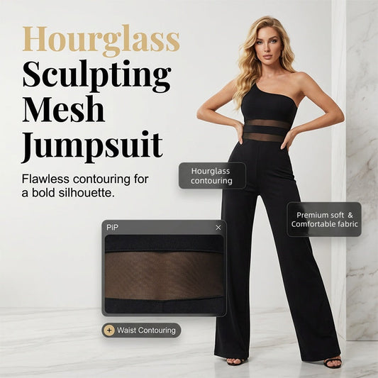 One-shoulder jumpsuit med meshpanel og vide ben