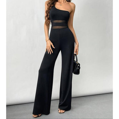 One-shoulder jumpsuit med meshpanel og vide ben