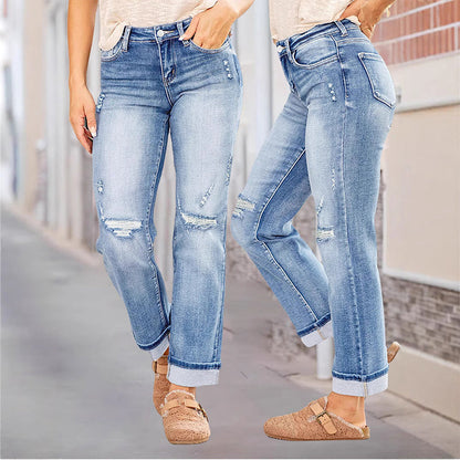 Dame casual ripped jeans med rette ben