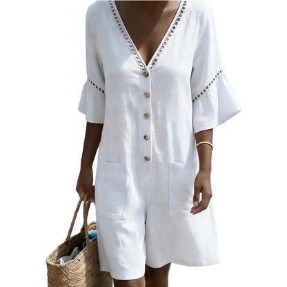 Dame sommer V-hals jumpsuit med klokkeermer