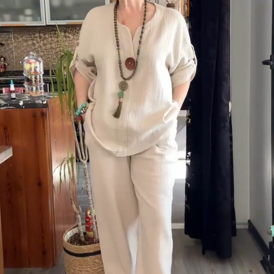 ✨👗 Uanstrengt chic: Komfortabelt loungewear-sett for kvinner med oppbrettbare ermer