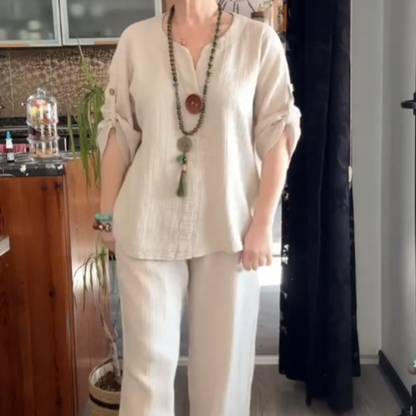 ✨👗 Uanstrengt chic: Komfortabelt loungewear-sett for kvinner med oppbrettbare ermer