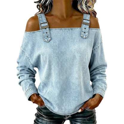 👕 BEGRENSET TID – 49 % RABATT! ✨ Dame Denimtopp – Brede Stropper, Trendy og Casual ✨