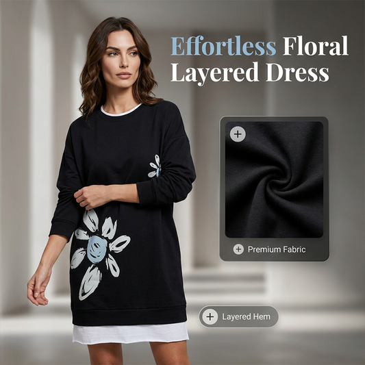 Dame-sweatkjole med blomsterprint og falskt todelt design