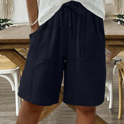 Dame-shorts i bomull og lin med høy midje og elastisk liv