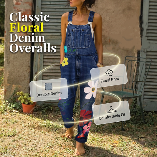 Overalls i denim med blomstermønster for damer