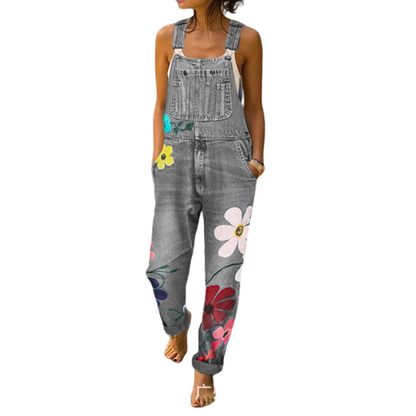 Overalls i denim med blomstermønster for damer
