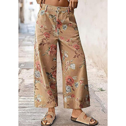 Blomstrete cropped jeans med vide ben for kvinner