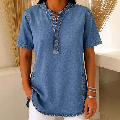 Pustende casual topp med denimlook for kvinner