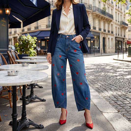 Dame Baggy Denim Bukser med Hjertemønster
