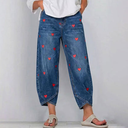 Dame Baggy Denim Bukser med Hjertemønster