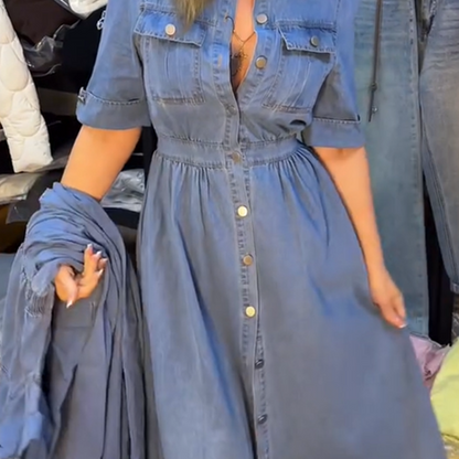 Dame blå slim-fit skjortekjole i denim med krage og knapper