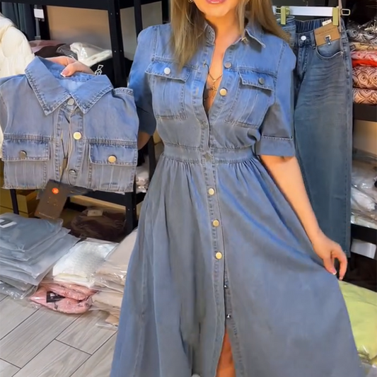 Dame blå slim-fit skjortekjole i denim med krage og knapper