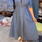 Dame blå slim-fit skjortekjole i denim med krage og knapper
