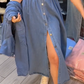 Dame blå slim-fit skjortekjole i denim med krage og knapper