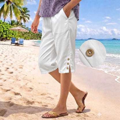 ☀️ Dame sommer 3/4-bukser med knappedetaljer ✨ Svale, komfortable og med lommer du faktisk får bruk for