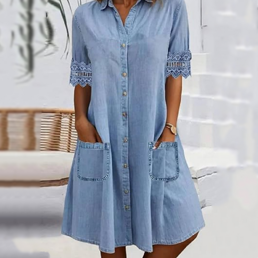 Dame Casual Løs Denimkjole med Lommer