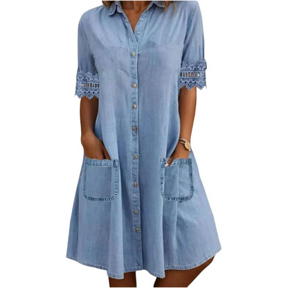Dame Casual Løs Denimkjole med Lommer