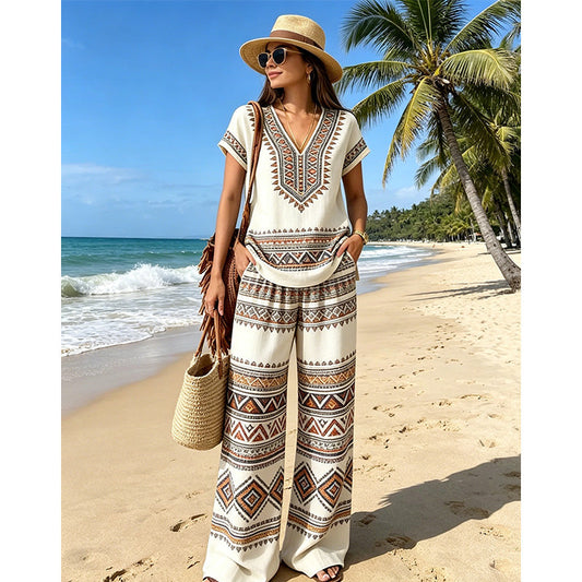 👗 49 % RABATT I BEGRENSET TID! ✨ Sett med mønstret topp og bukser for damer – boho-mønstre, avslappet passform, perfekt til ferien 🌴