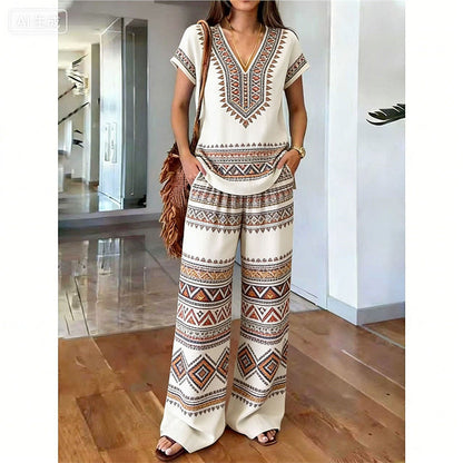 👗 49 % RABATT I BEGRENSET TID! ✨ Sett med mønstret topp og bukser for damer – boho-mønstre, avslappet passform, perfekt til ferien 🌴