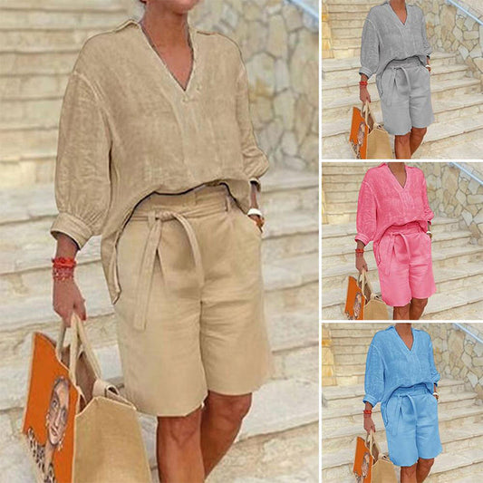 Dame Casual Todelt Sett med V-hals Topp og Shorts
