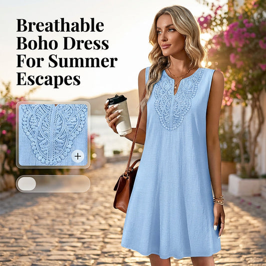 👗 BEGRENSET TILBUD – 49% RABATT! 💥Pustende sommerkjole til hverdagsbruk – myk blanding, brodert V-hals og rynkefritt stoff