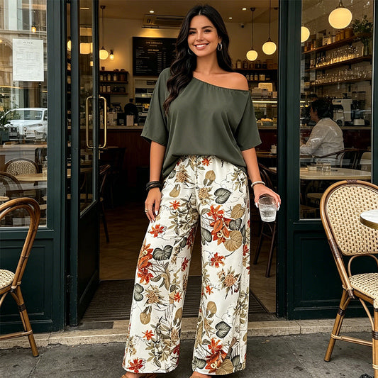 Dame Todelt Sett med Off-Shoulder Topp og Mønstrede Bukser