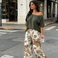 Dame Todelt Sett med Off-Shoulder Topp og Mønstrede Bukser