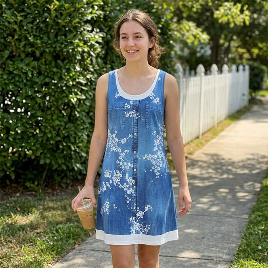 Dame Faux Todelt Denim Print Kjole