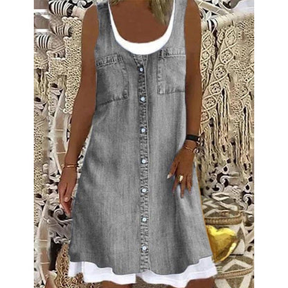 Dame Faux Todelt Denim Print Kjole