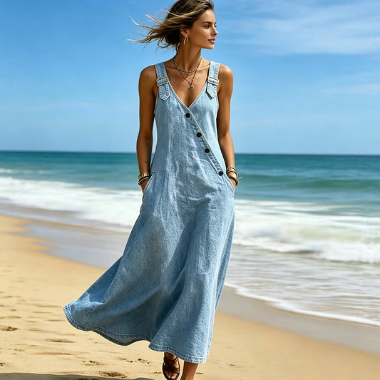 👗✨ Dame stilfull denimkjole med asymmetriske knapper – uanstrengt chic til hverdagen 🔥