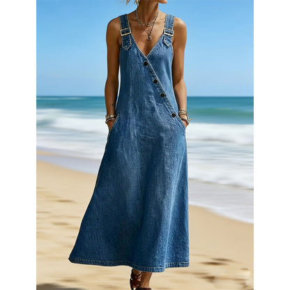 👗✨ Dame stilfull denimkjole med asymmetriske knapper – uanstrengt chic til hverdagen 🔥