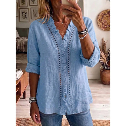 👚✨Casual damebluse med V-hals og volangkant – Enkel og feminin stil til hverdags🌸