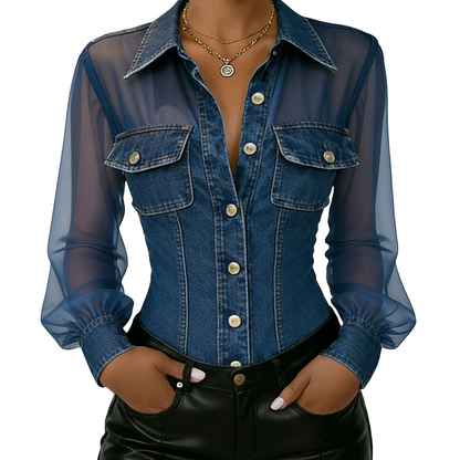 Dame mesh patchwork denimtopp