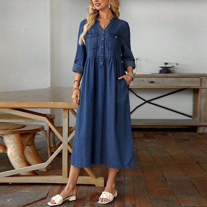Plus size denim maxikjole med knapper for kvinner