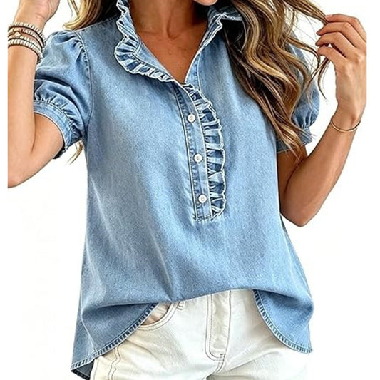 Denimtop med volangkrage for damer