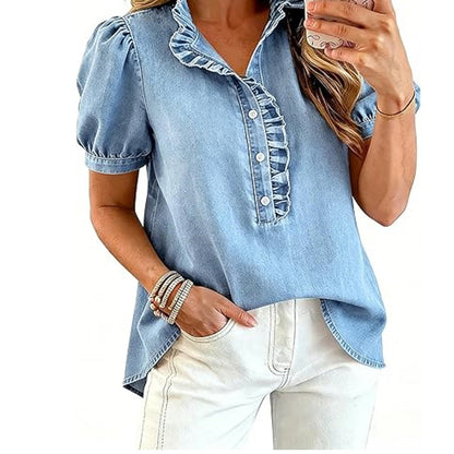 Denimtop med volangkrage for damer