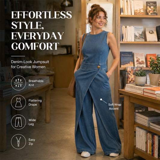 Ermeløs asymmetrisk omslags denim jumpsuit for kvinner