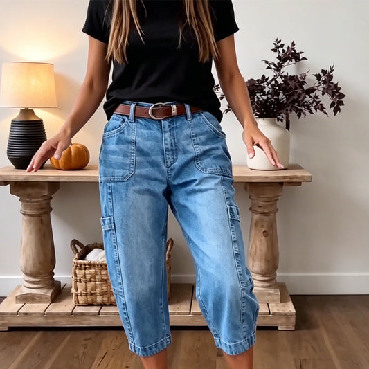 Avslappet stretchy cropped denim bukse for kvinner