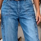 Avslappet stretchy cropped denim bukse for kvinner