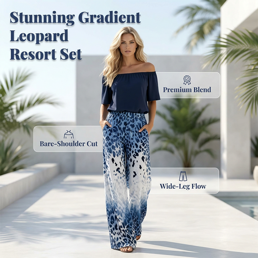 Dame 2-delt sett med off-shoulder topp og gradient leopardmønster