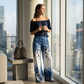 Dame 2-delt sett med off-shoulder topp og gradient leopardmønster
