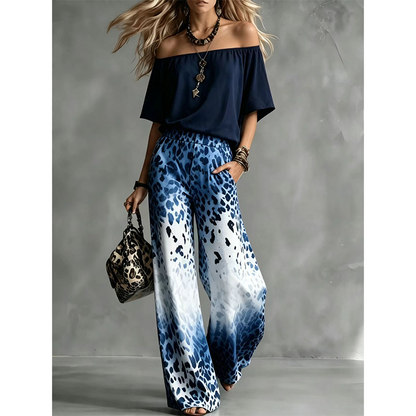 Dame 2-delt sett med off-shoulder topp og gradient leopardmønster