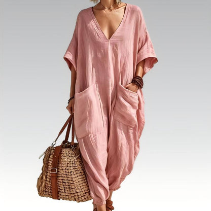 Løs sommerjumpsuit med V-hals for kvinner